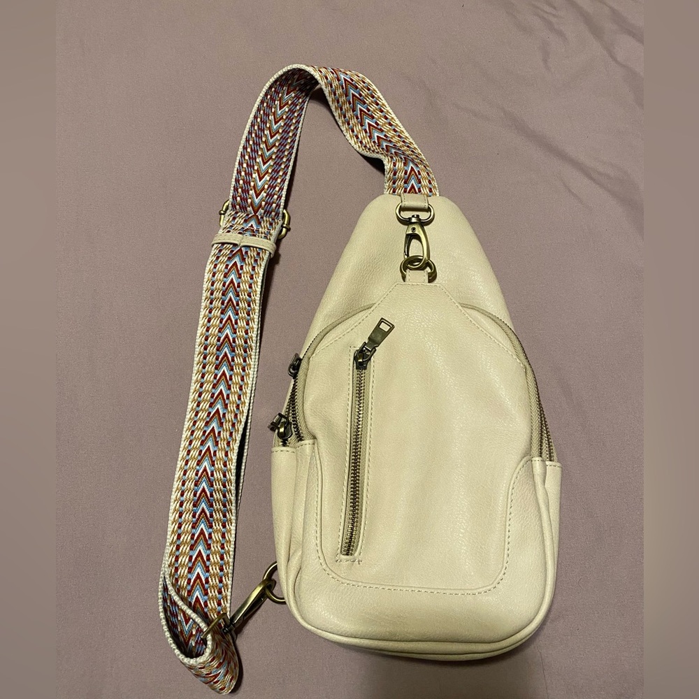 Cream Sling Bag with Multicolor Strap
